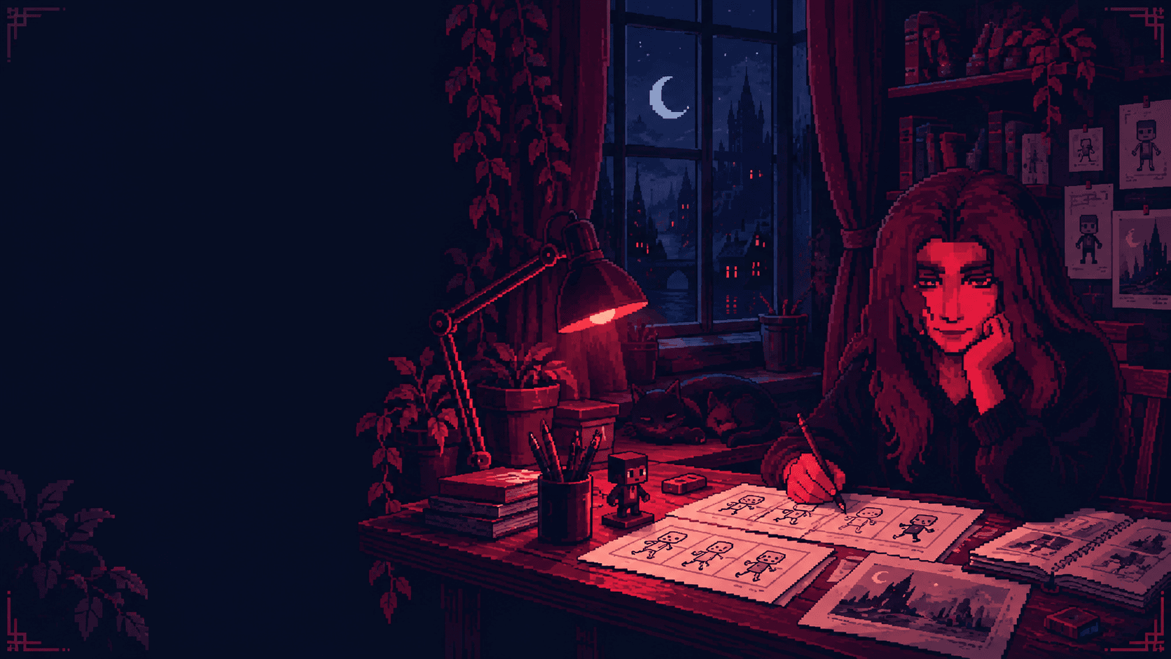 A pixel-art night atelier where Rubar sketches block-character animation storyboards