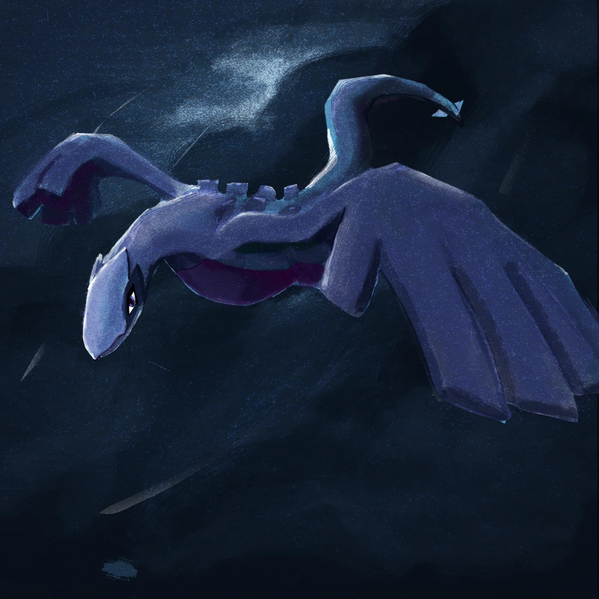 A dark blue digital painting of Lugia in flight