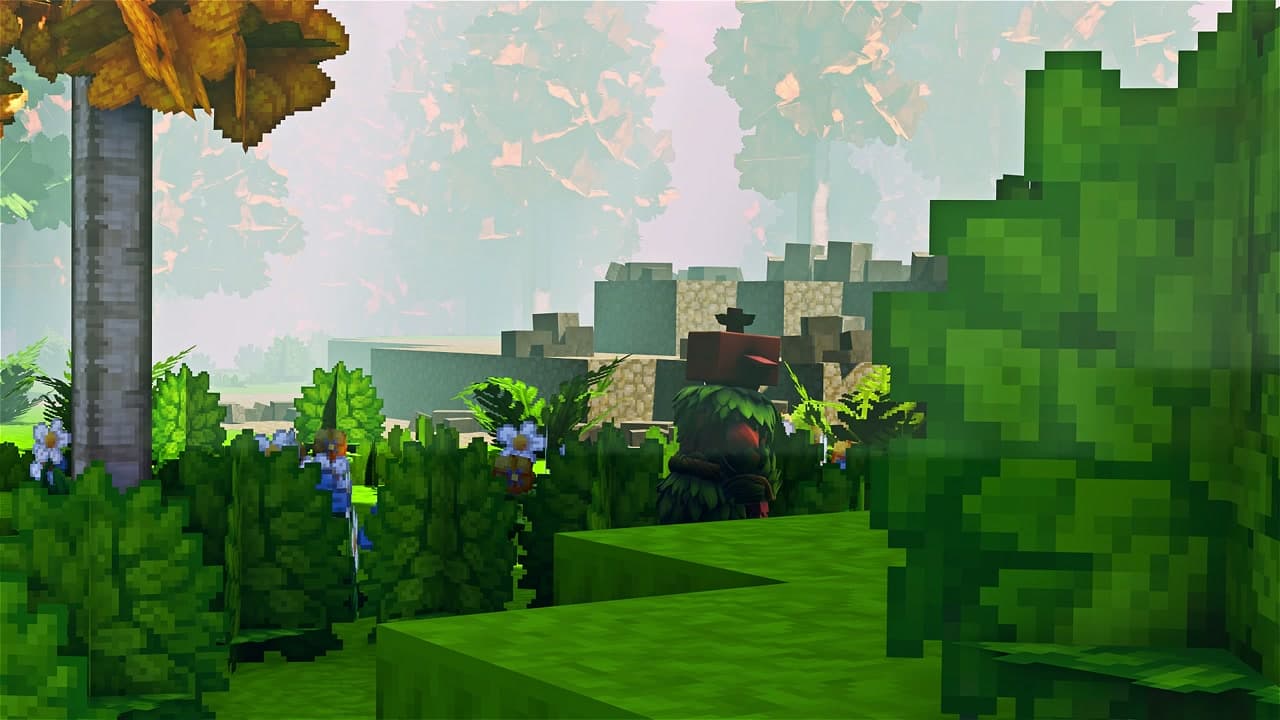 A bright Hytale-inspired forest animation with block characters and creatures