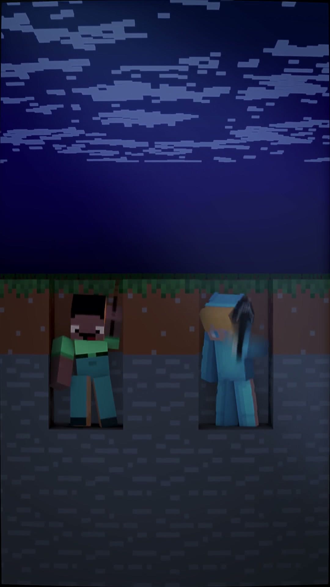 A humorous Minecraft short with two characters mining underground beneath a night sky