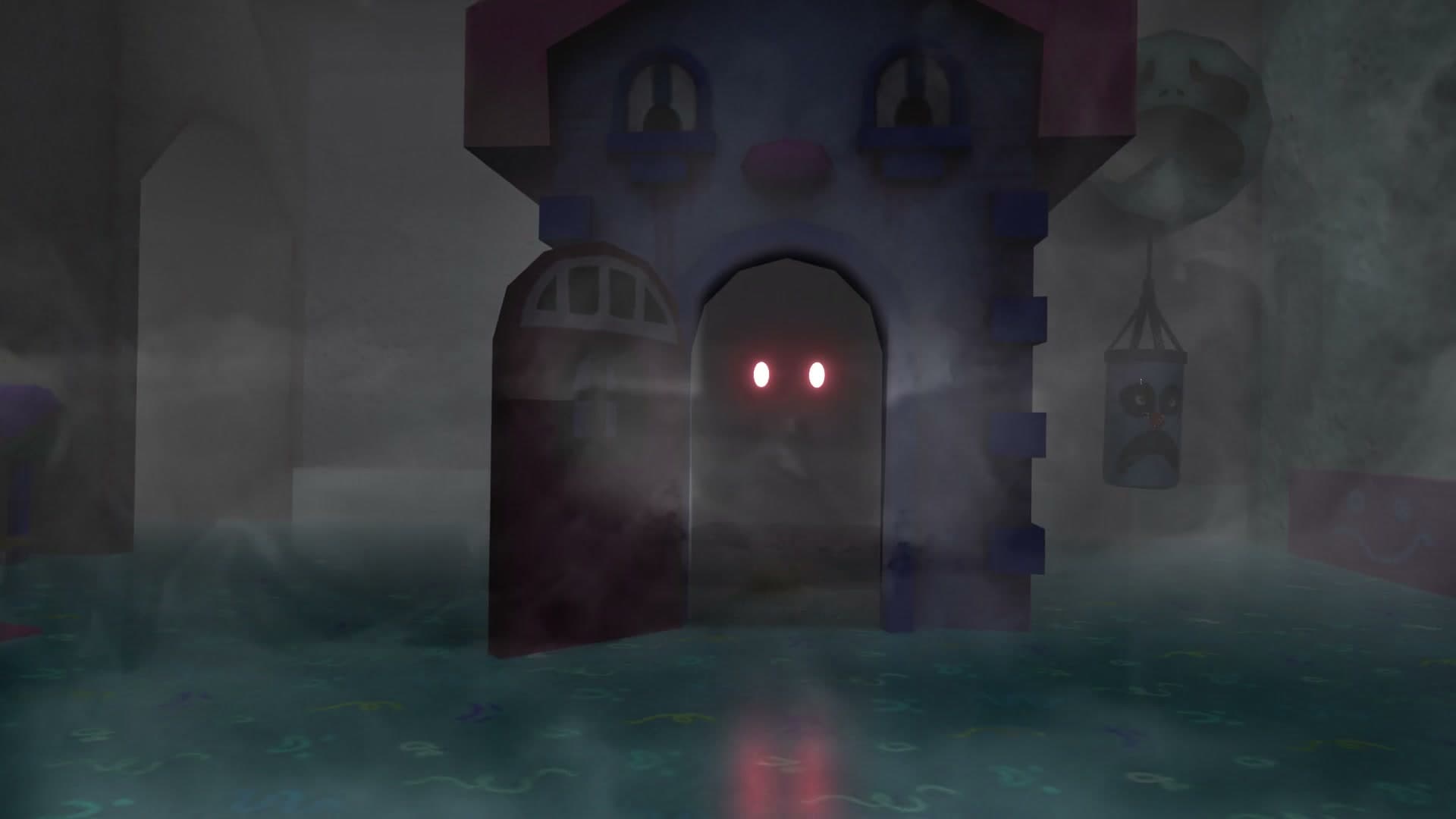 An atmospheric Roblox horror cinematic with a misty hallway and glowing eyes in the dark